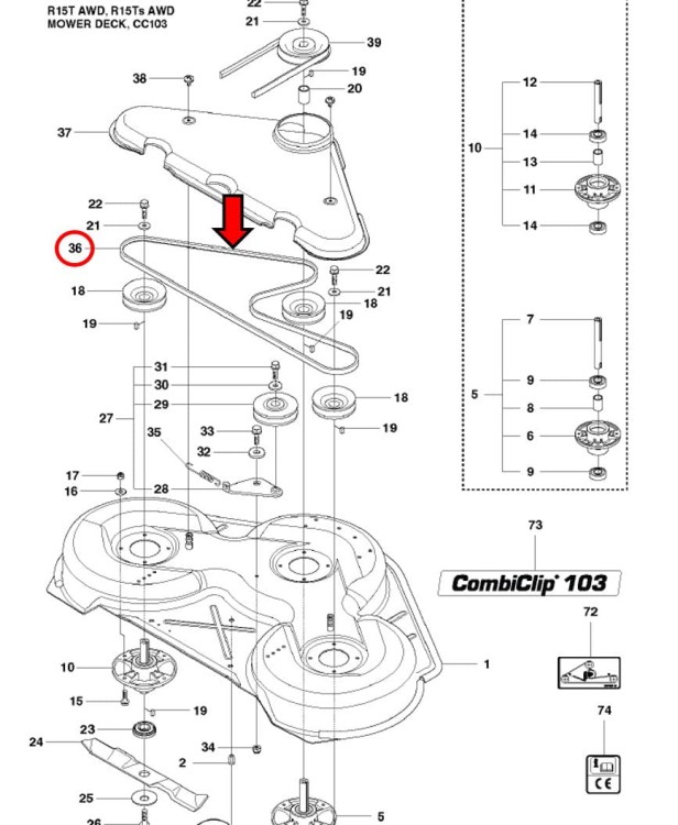 Pasek napedu noży Husqvarna Proflex 18, 21 R15TAWD R215TX Rider 15T Rider 15V2AWD