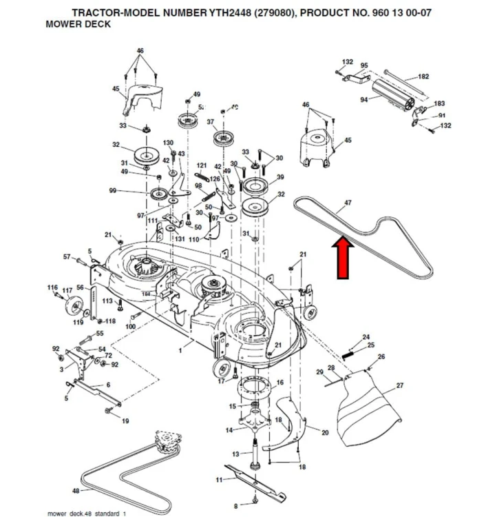 Pasek noży deck 48" Jonsered LT 19A LT 2119 A LT 2122 A2 schemat