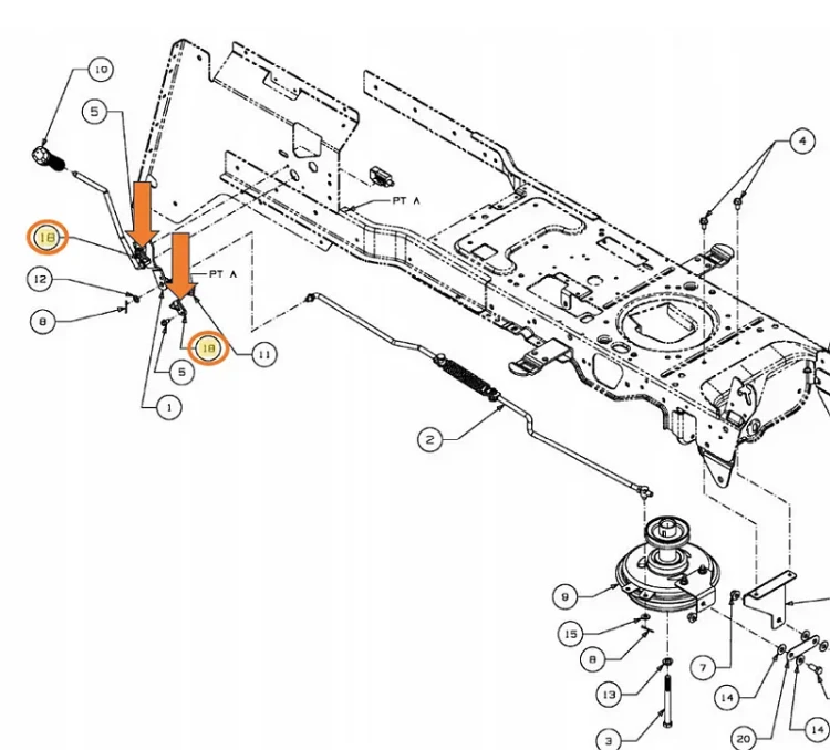 Mocowanie dźwigni PTO 741-04119 741-04119A MTD schemat 2