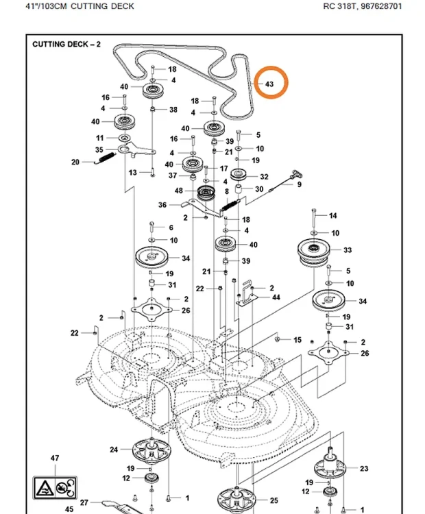 Pasek napędu noży HUSQVARNA RC318T RC320Ts AWD deck C103 C112 schemat deck 103