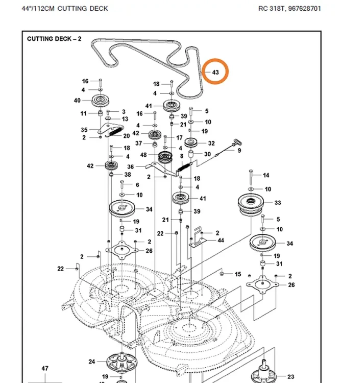 Pasek napędu noży HUSQVARNA RC318T RC320Ts AWD deck C103 C112 schemat deck 112
