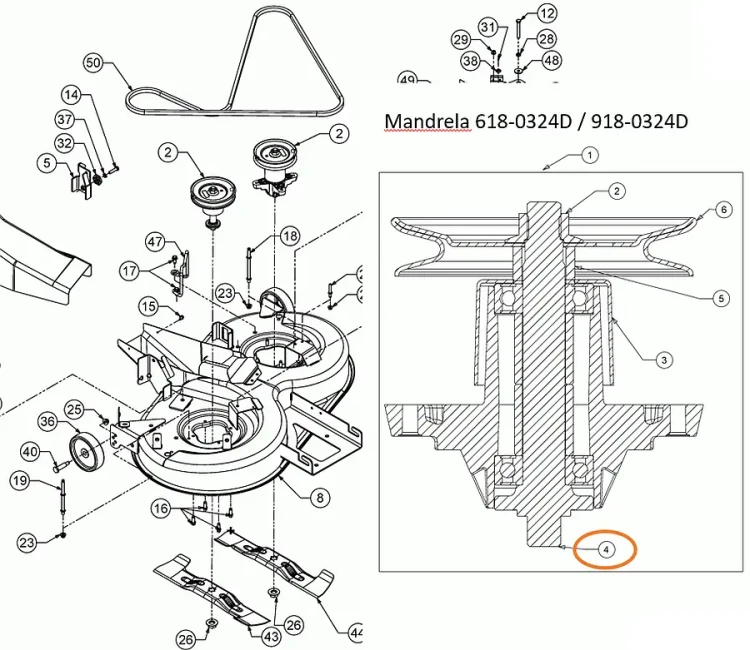 Wałek 738-1010 738-1010A piasty noża MTD CUBCADET MASSEY WOLF YARDMAN TROY-BILT schemat deck
