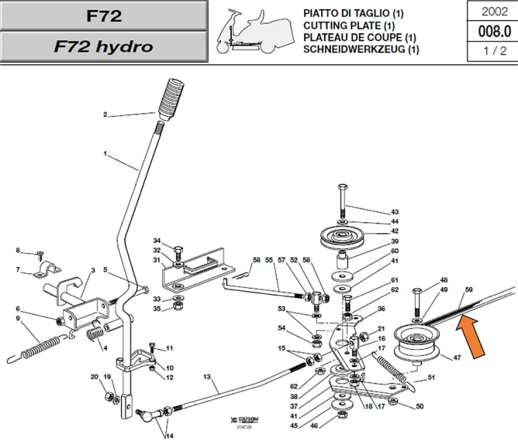 Pasek napędu noża F72 CastelGarden GGP Stiga Dolmar Honda Viking schemat 2