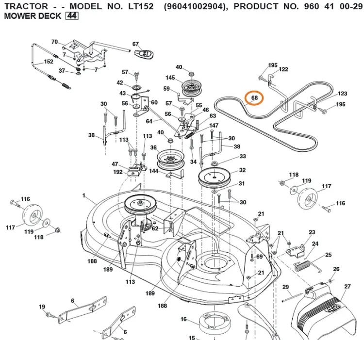 Pasek noży Husqvarna LT 2216 2217 2218 2223 2317 LT152 LTH152 LTH171 LTH1842 LTH2042 LTH2142 DR schemat deck